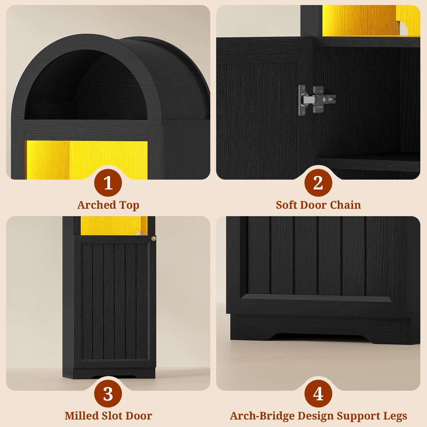 72" Tall Arched Narrow Bathroom Storage Cabinet with Lights Black