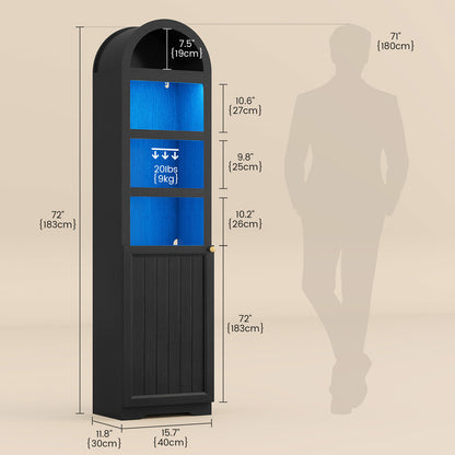 72" Tall Arched Narrow Bathroom Storage Cabinet with Lights Black