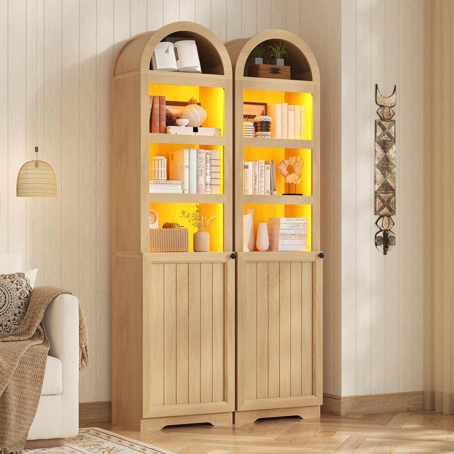 72" Tall Arched Narrow Bathroom Storage Cabinet with Lights Oak