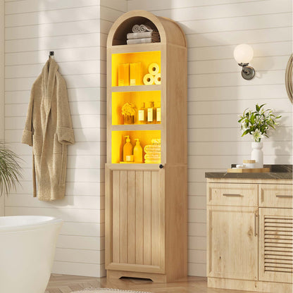 72" Tall Arched Narrow Bathroom Storage Cabinet with Lights Oak