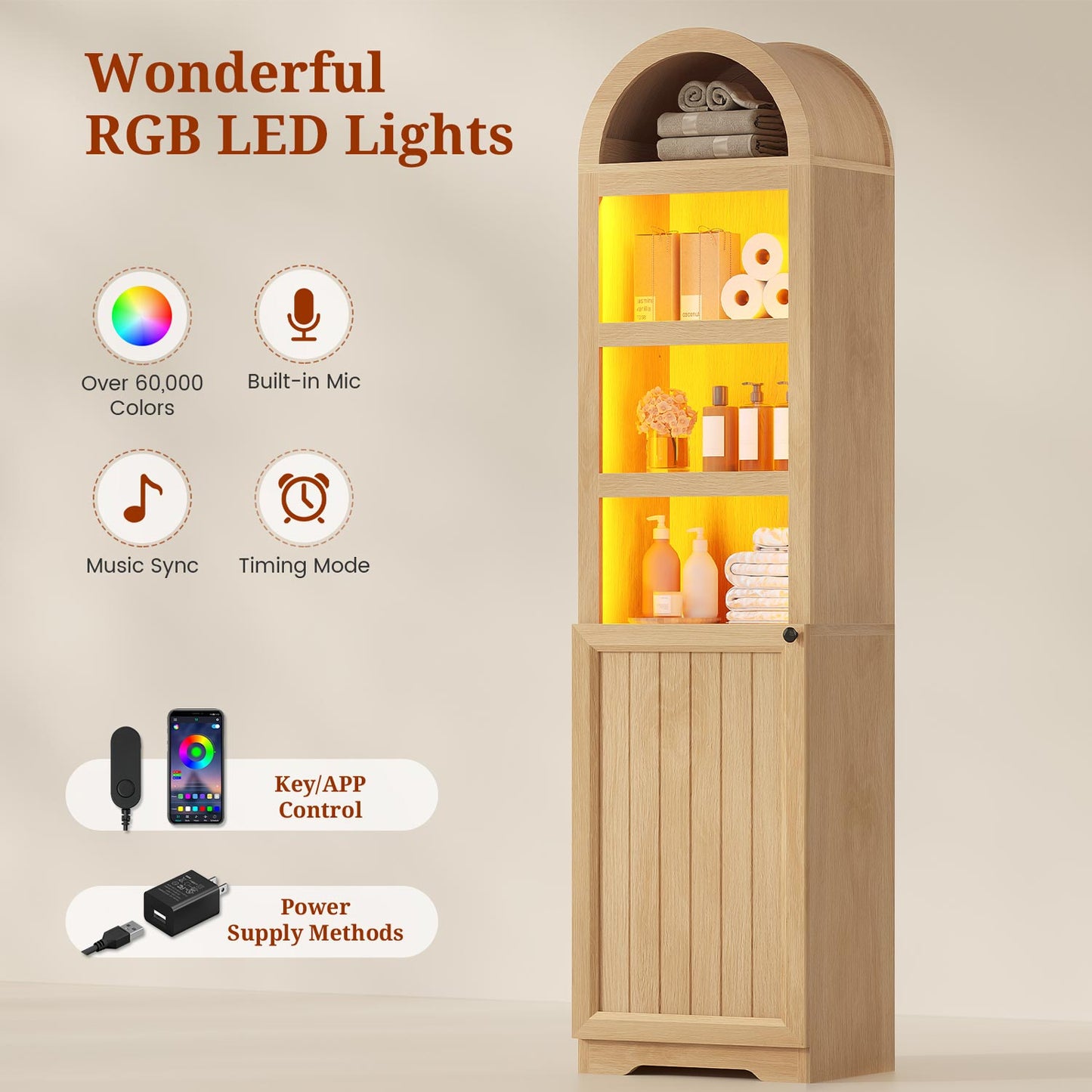 72" Tall Arched Narrow Bathroom Storage Cabinet with Lights Oak