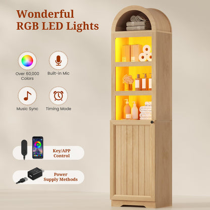 72" Tall Arched Narrow Bathroom Storage Cabinet with Lights Oak