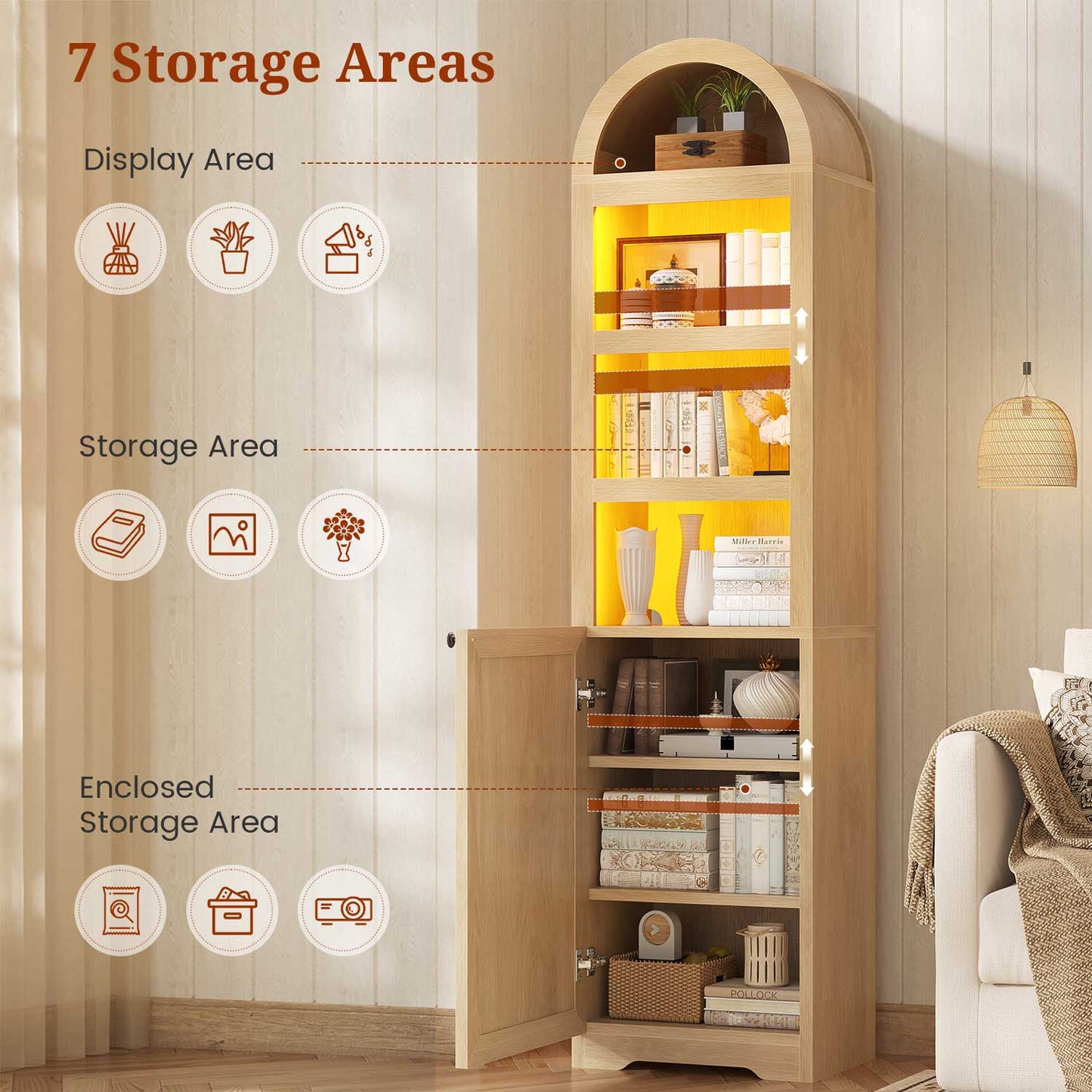 72" Tall Arched Narrow Bathroom Storage Cabinet with Lights Oak