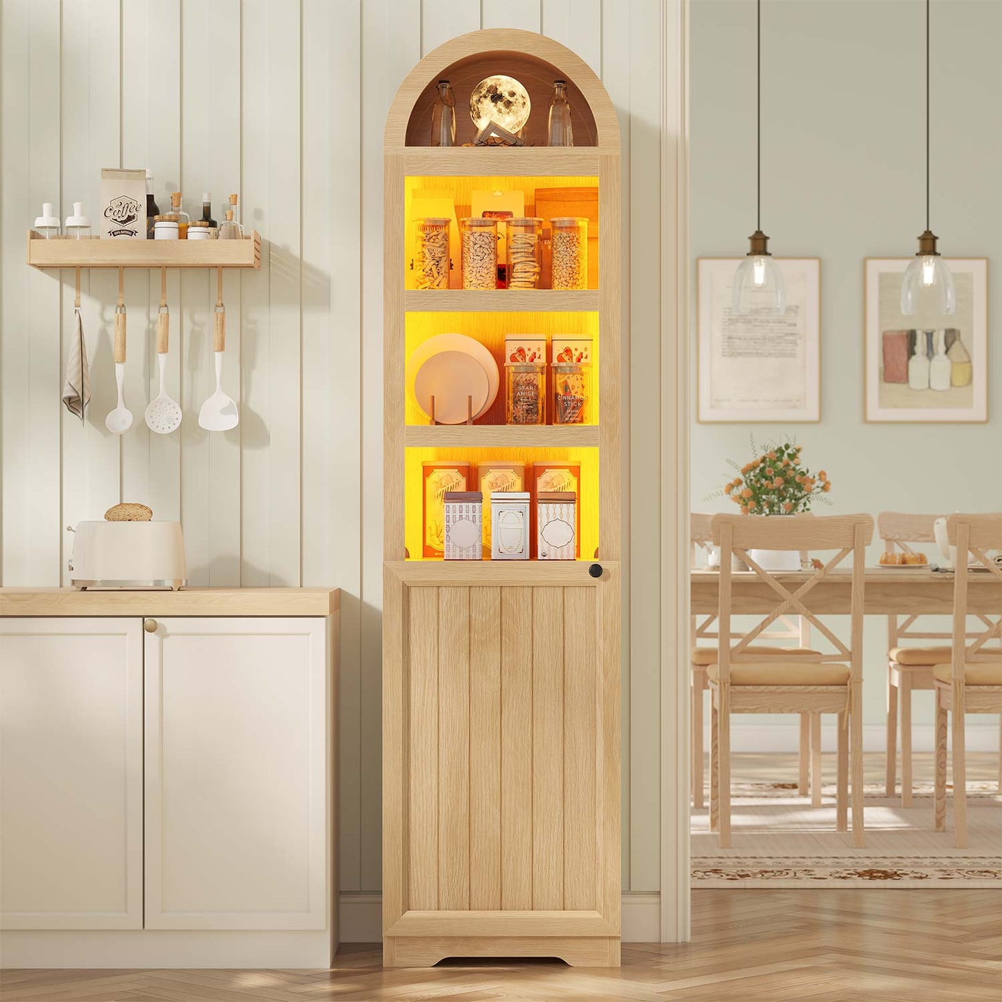 72" Tall Arched Narrow Bathroom Storage Cabinet with Lights Oak