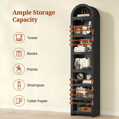 76 in Tall 7-Teir Narrow Arched Bookcase with Adjustable Shelves Black