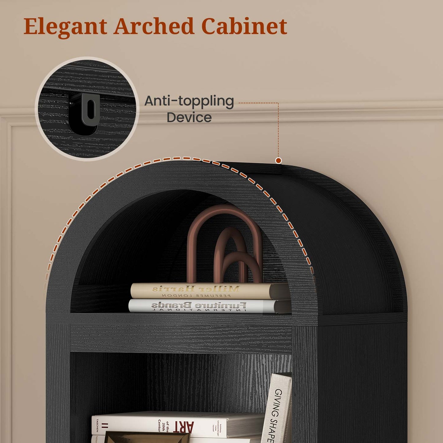 76 in Tall 7-Teir Narrow Arched Bookcase with Adjustable Shelves Black