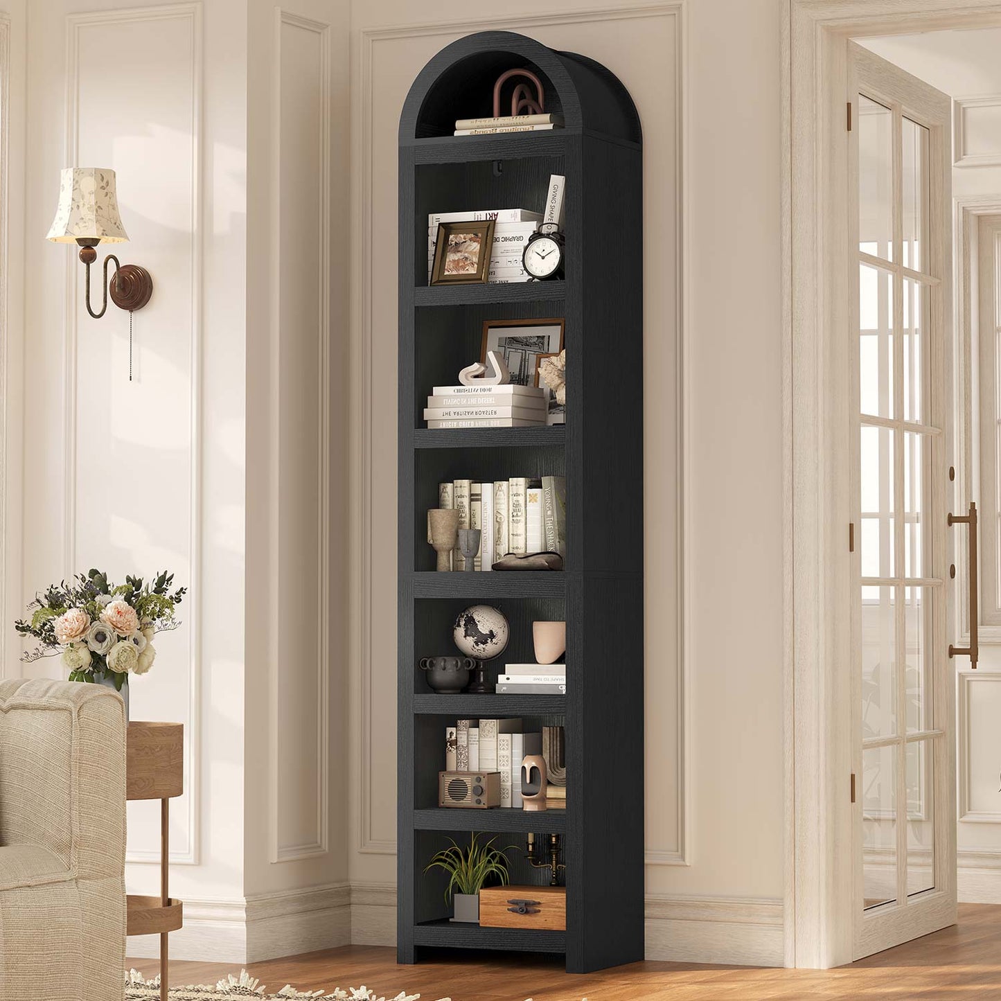 76 in Tall 7-Teir Narrow Arched Bookcase with Adjustable Shelves Black