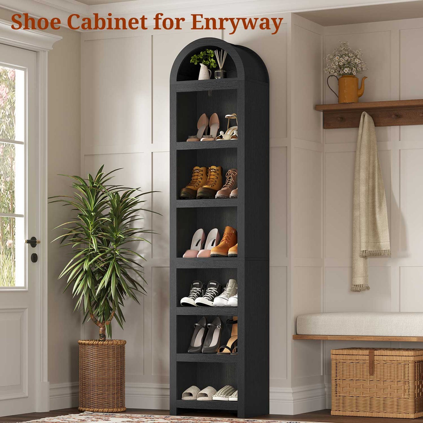 76 in Tall 7-Teir Narrow Arched Bookcase with Adjustable Shelves Black