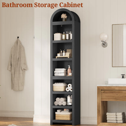 76 in Tall 7-Teir Narrow Arched Bookcase with Adjustable Shelves Black