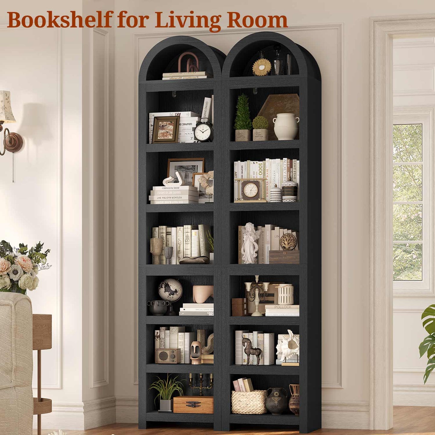 76 in Tall 7-Teir Narrow Arched Bookcase with Adjustable Shelves Black