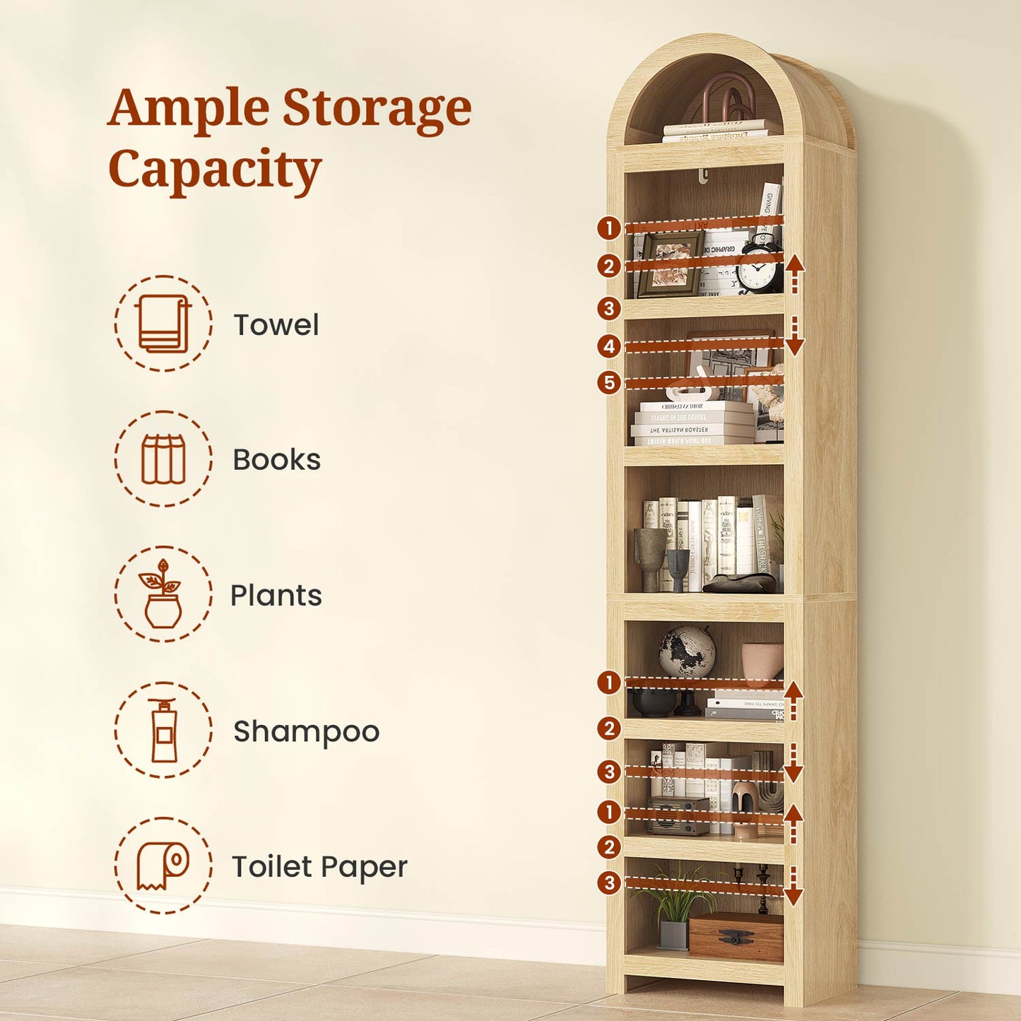 76 in Tall 7-Teir Narrow Arched Bookcase with Adjustable Shelves Oak