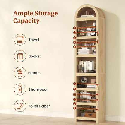 76 in Tall 7-Teir Narrow Arched Bookcase with Adjustable Shelves Oak