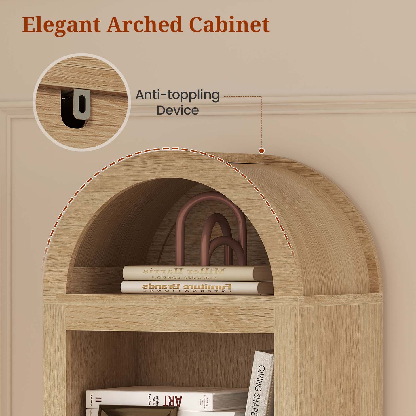 76 in Tall 7-Teir Narrow Arched Bookcase with Adjustable Shelves Oak