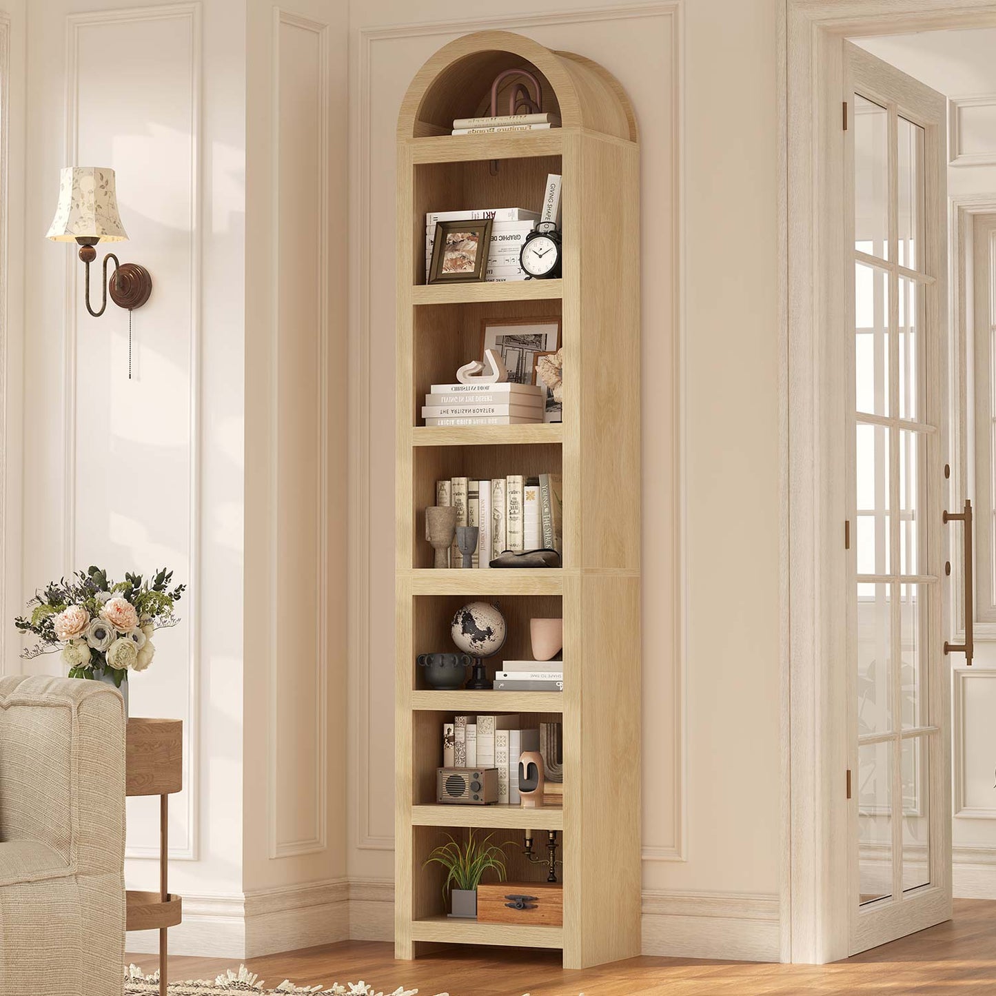 76 in Tall 7-Teir Narrow Arched Bookcase with Adjustable Shelves Oak