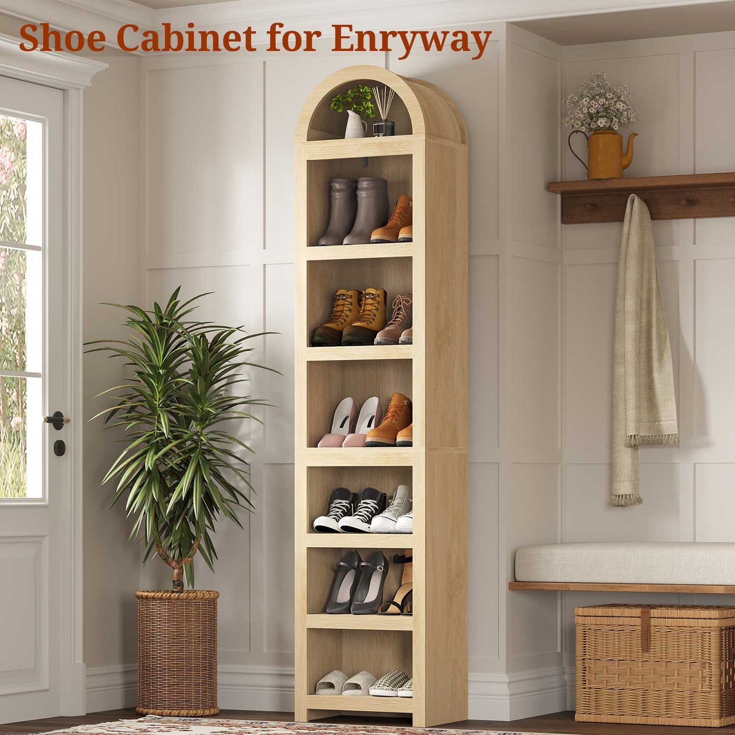 76 in Tall 7-Teir Narrow Arched Bookcase with Adjustable Shelves Oak
