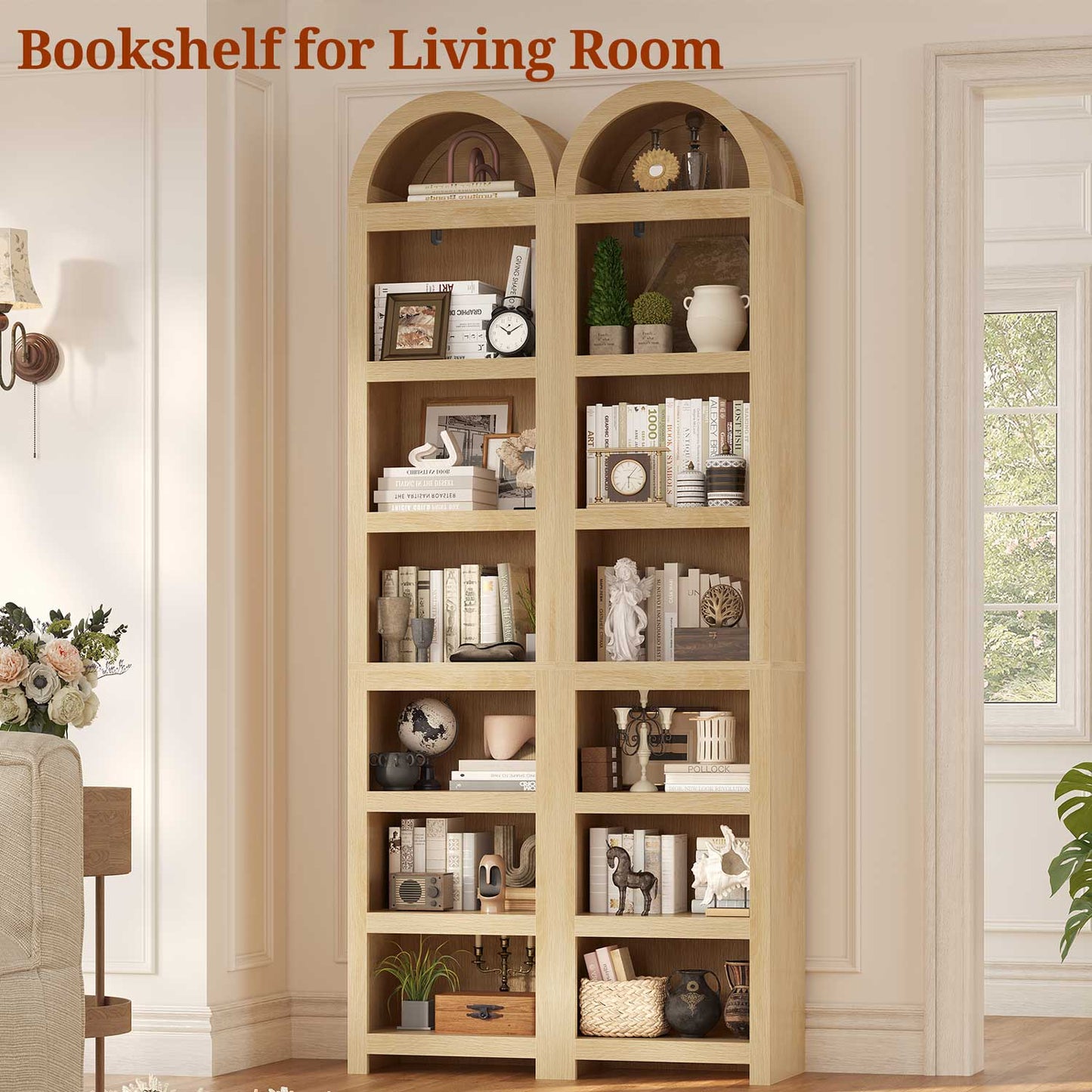 76 in Tall 7-Teir Narrow Arched Bookcase with Adjustable Shelves Oak