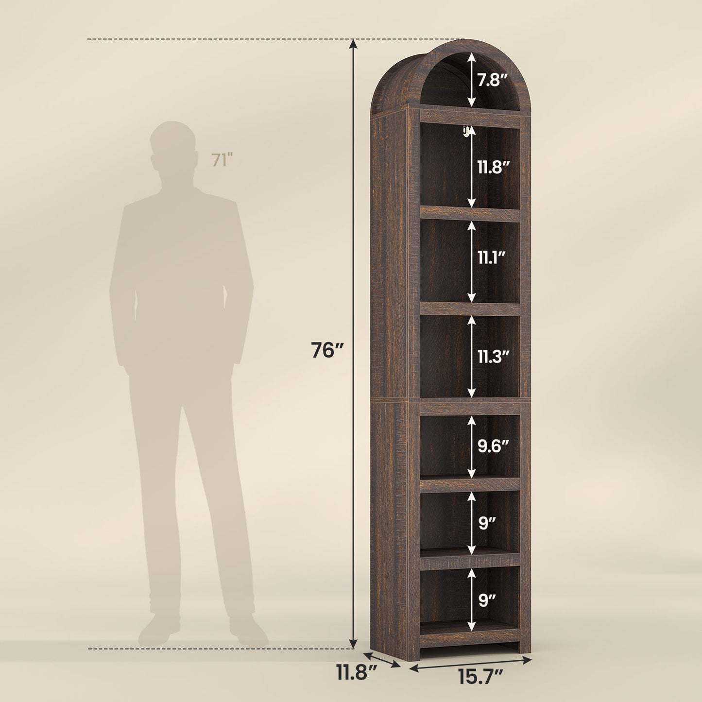 76 in Tall 7-Teir Narrow Arched Bookcase with Adjustable Shelves Walnut