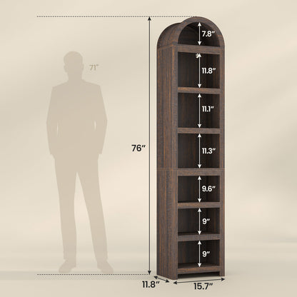 76 in Tall 7-Teir Narrow Arched Bookcase with Adjustable Shelves Walnut