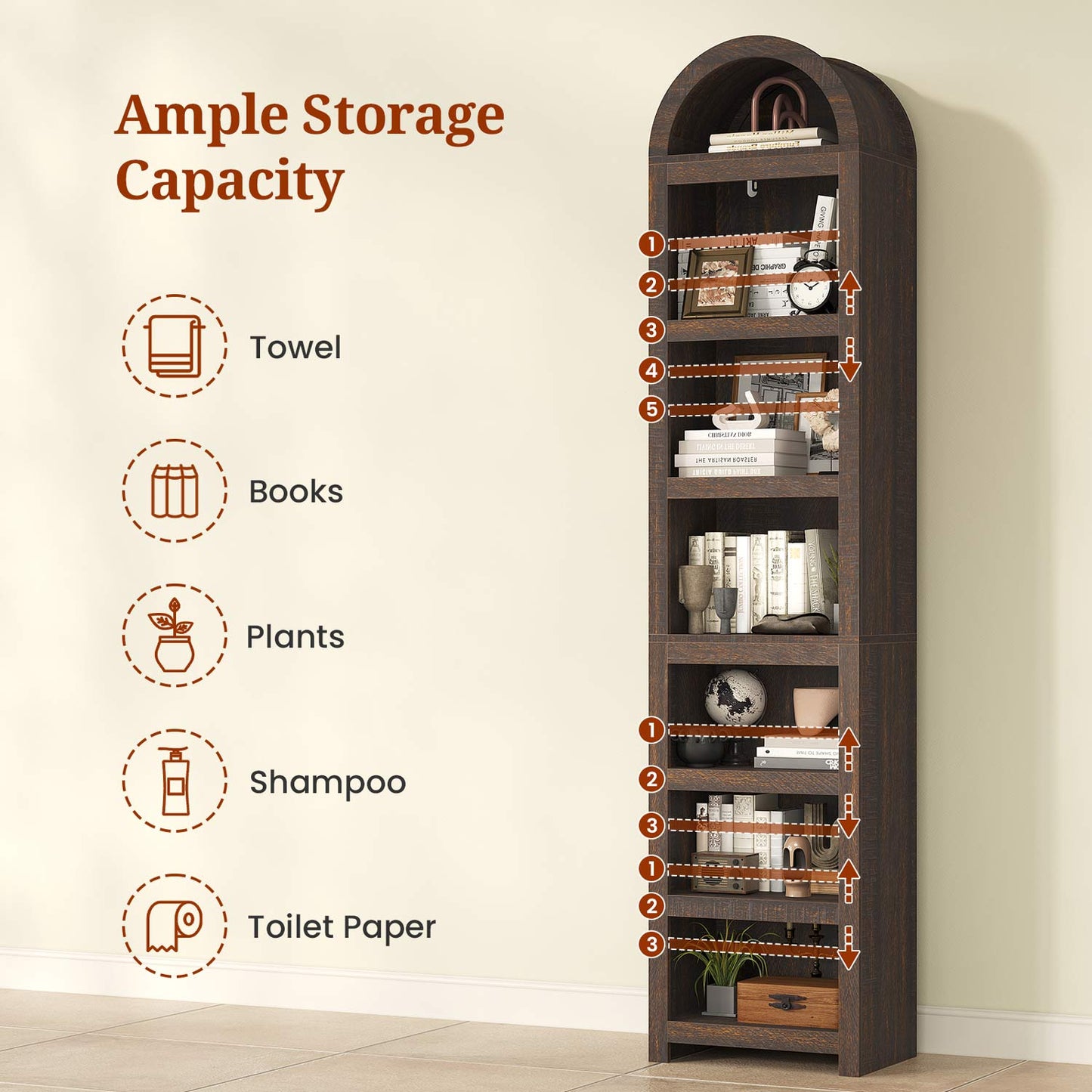 76 in Tall 7-Teir Narrow Arched Bookcase with Adjustable Shelves Walnut