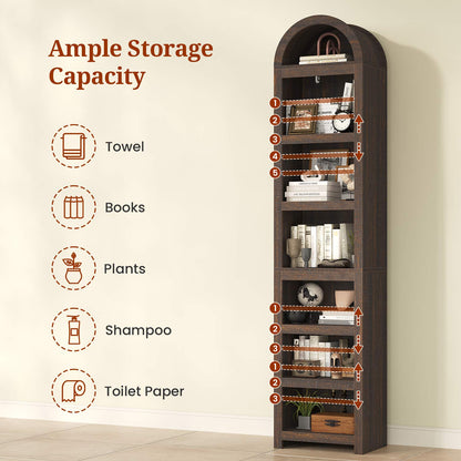 76 in Tall 7-Teir Narrow Arched Bookcase with Adjustable Shelves Walnut
