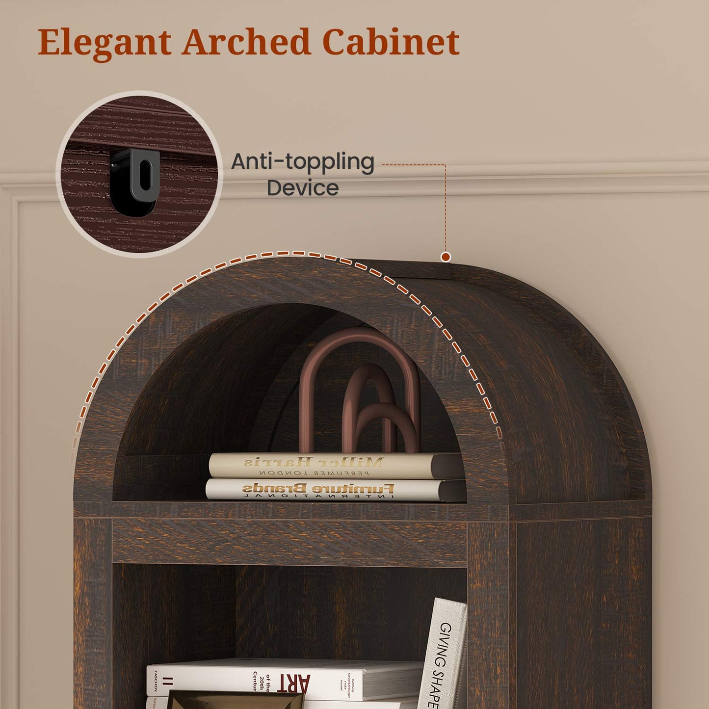 76 in Tall 7-Teir Narrow Arched Bookcase with Adjustable Shelves Walnut