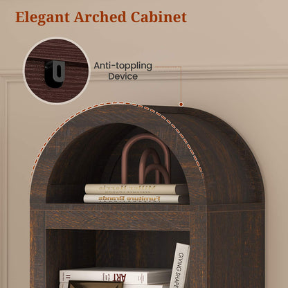 76 in Tall 7-Teir Narrow Arched Bookcase with Adjustable Shelves Walnut