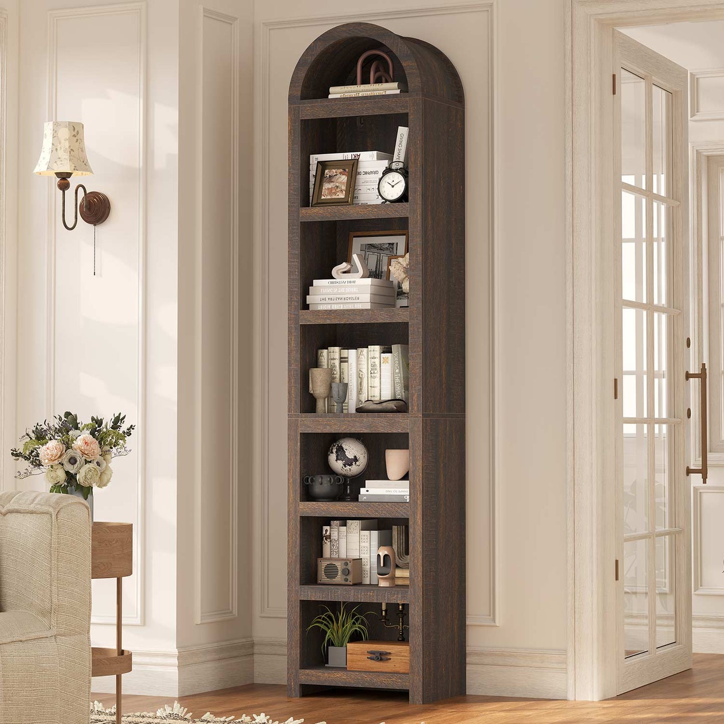 76 in Tall 7-Teir Narrow Arched Bookcase with Adjustable Shelves Walnut