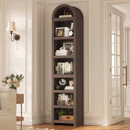 76 in Tall 7-Teir Narrow Arched Bookcase with Adjustable Shelves Walnut