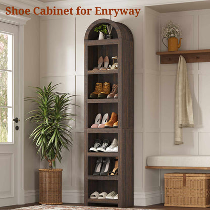 76 in Tall 7-Teir Narrow Arched Bookcase with Adjustable Shelves Walnut