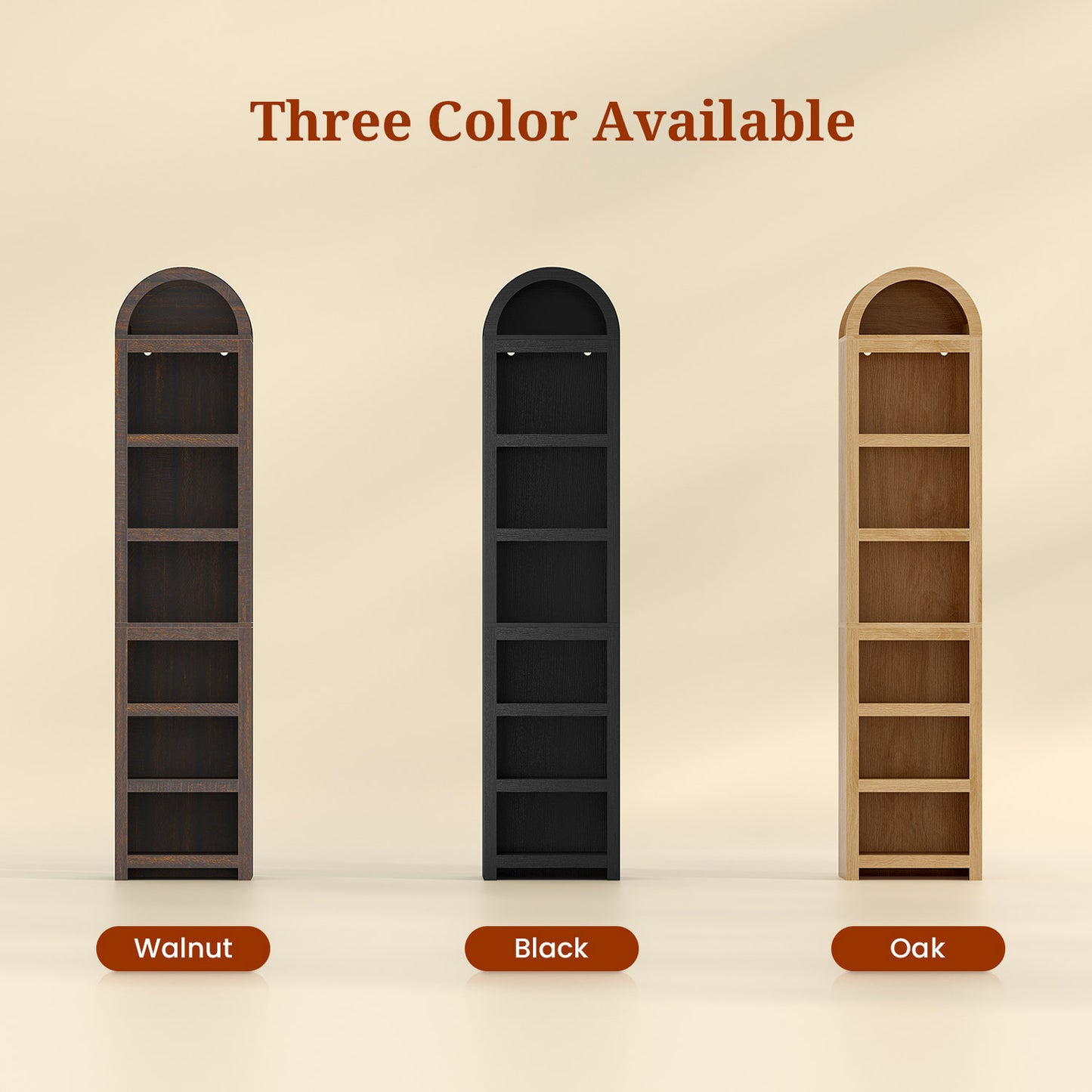 76 in Tall 7-Teir Narrow Arched Bookcase with Adjustable Shelves Walnut