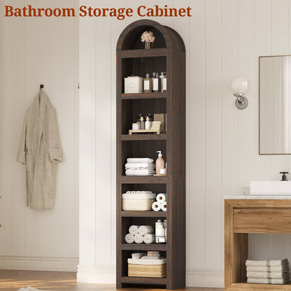 76 in Tall 7-Teir Narrow Arched Bookcase with Adjustable Shelves Walnut