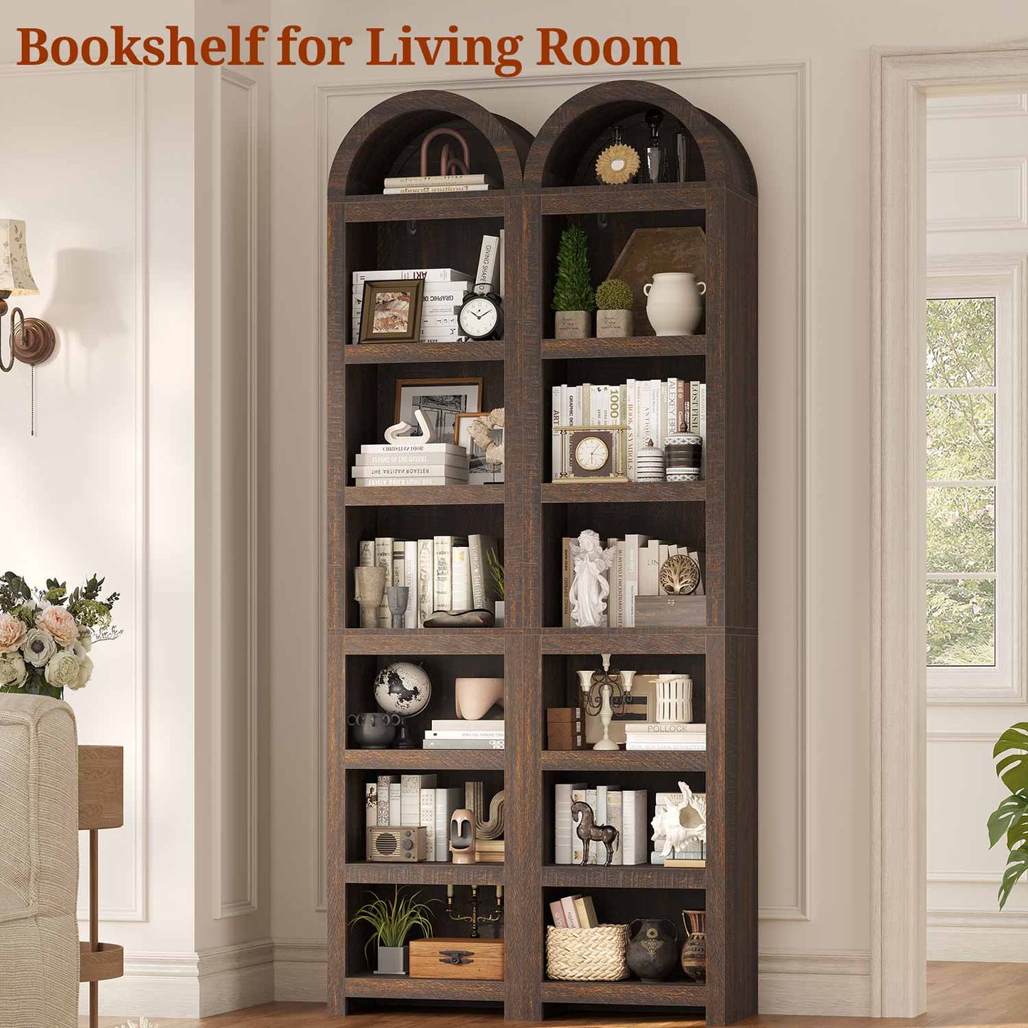 76 in Tall 7-Teir Narrow Arched Bookcase with Adjustable Shelves Walnut