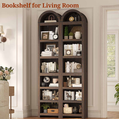 76 in Tall 7-Teir Narrow Arched Bookcase with Adjustable Shelves Walnut