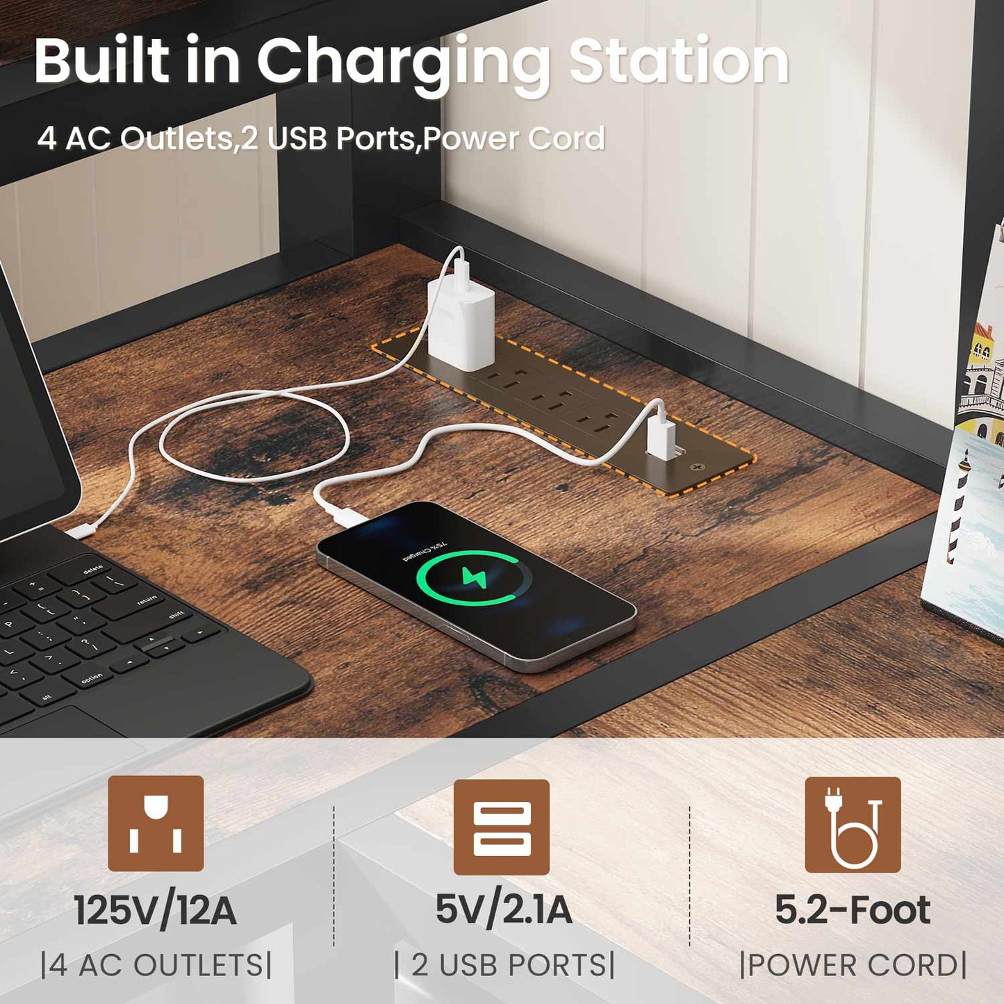 LED Loft Bed Frame Twin Size with L Shape Desk Black & Rustic Brown