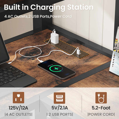 LED Loft Bed Frame Twin Size with L Shape Desk Black & Rustic Brown