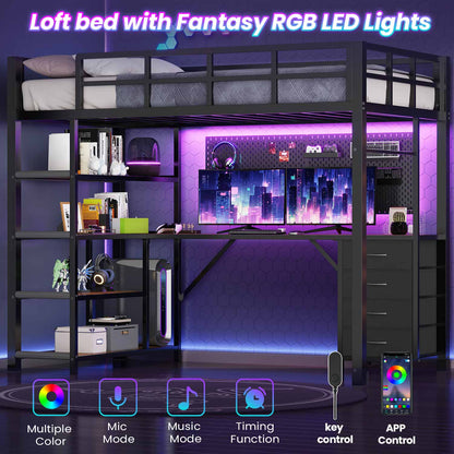 LED Loft Bed Frame Twin Size with L Shape Desk Black & Rustic Brown