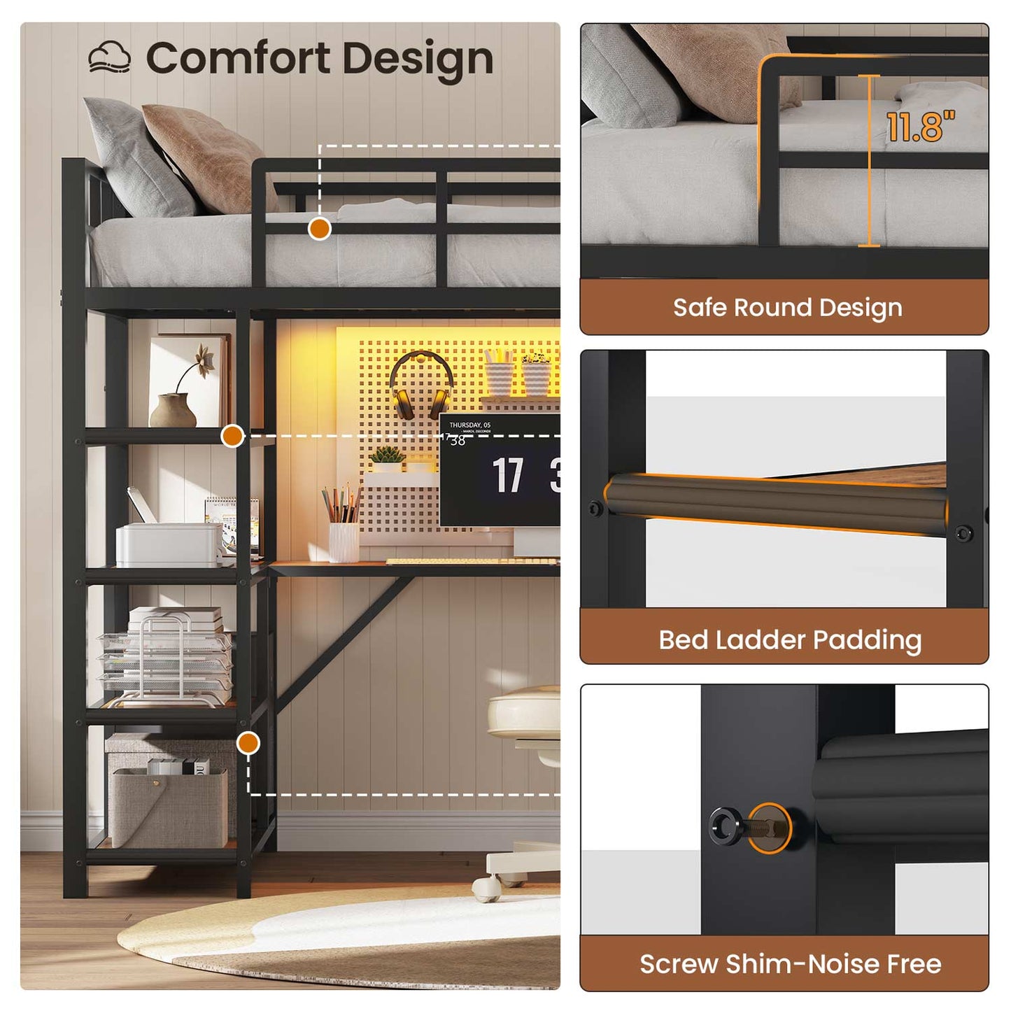 LED Loft Bed Frame Twin Size with L Shape Desk Black & Rustic Brown