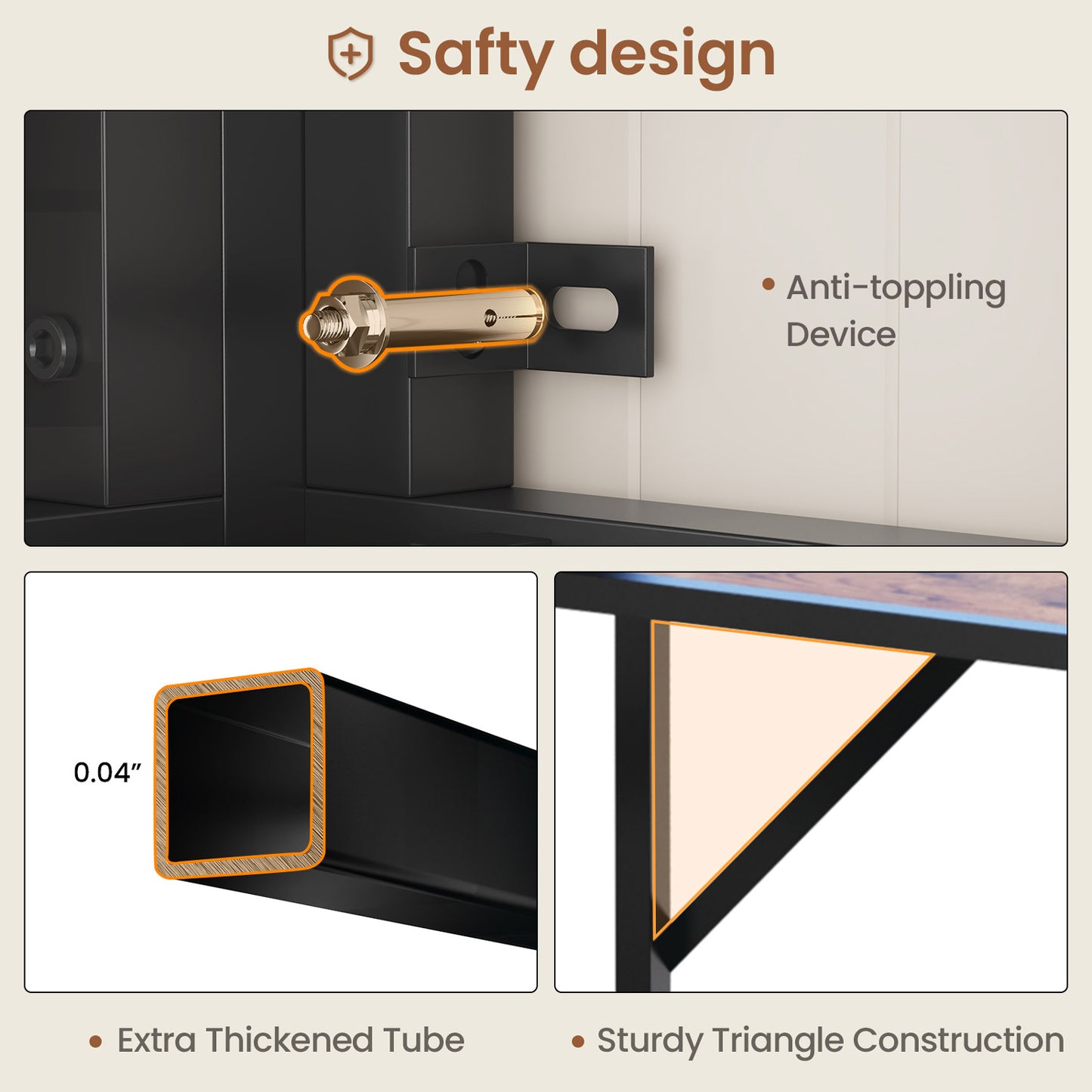 LED Loft Bed Frame Twin Size with L Shape Desk Black & Rustic Brown