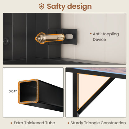 LED Loft Bed Frame Twin Size with L Shape Desk Black & Rustic Brown