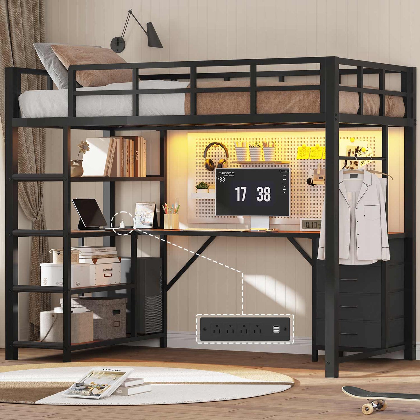 LED Loft Bed Frame Twin Size with L Shape Desk Black & Rustic Brown