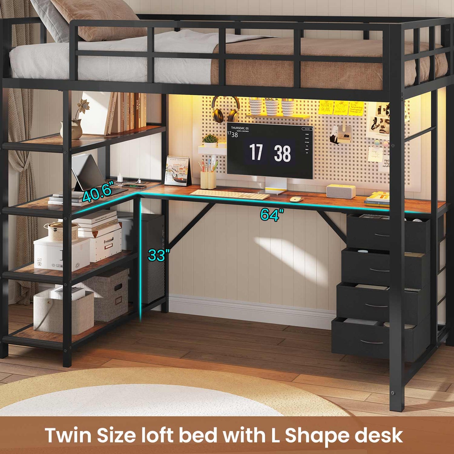 LED Loft Bed Frame Twin Size with L Shape Desk Black & Rustic Brown