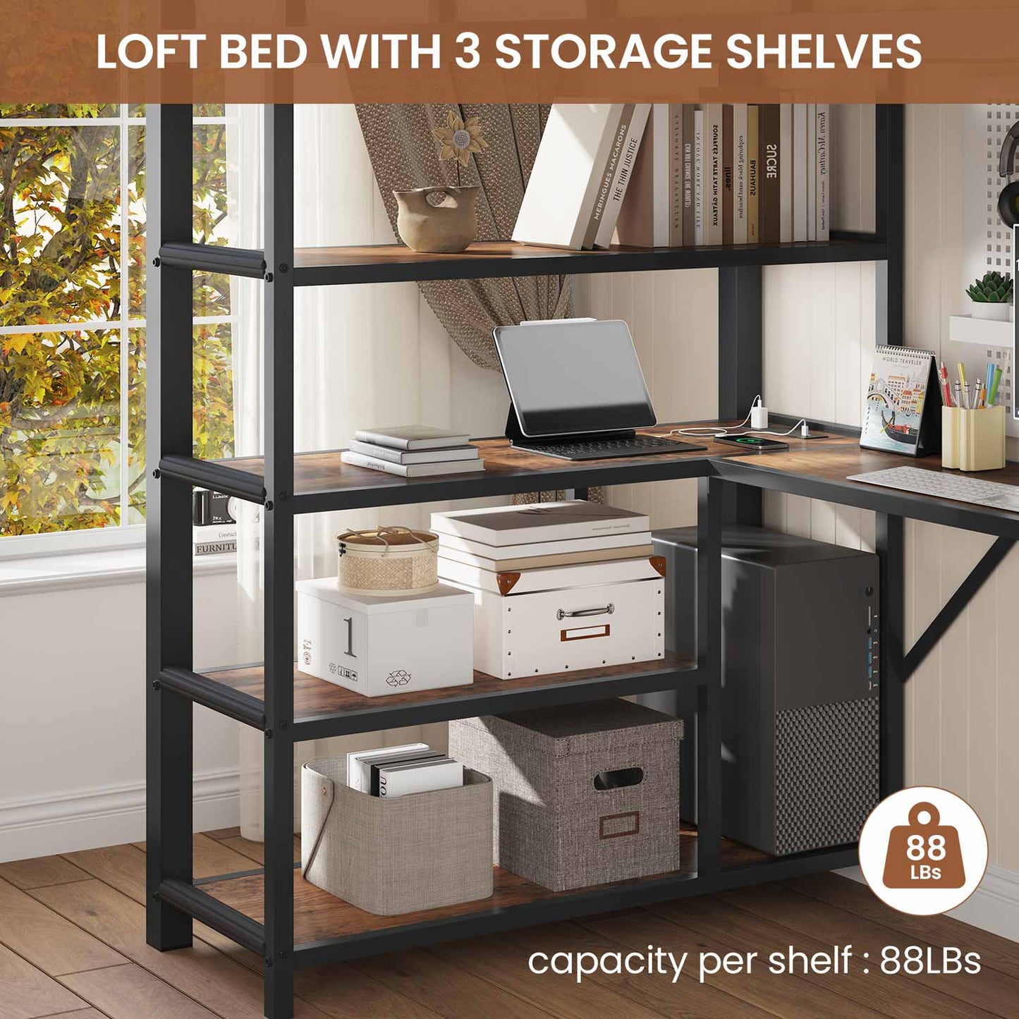 LED Loft Bed Frame Twin Size with L Shape Desk Black & Rustic Brown