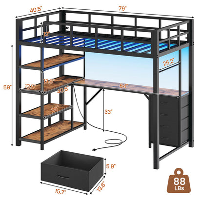 LED Loft Bed Frame Twin Size with L Shape Desk Black & Rustic Brown