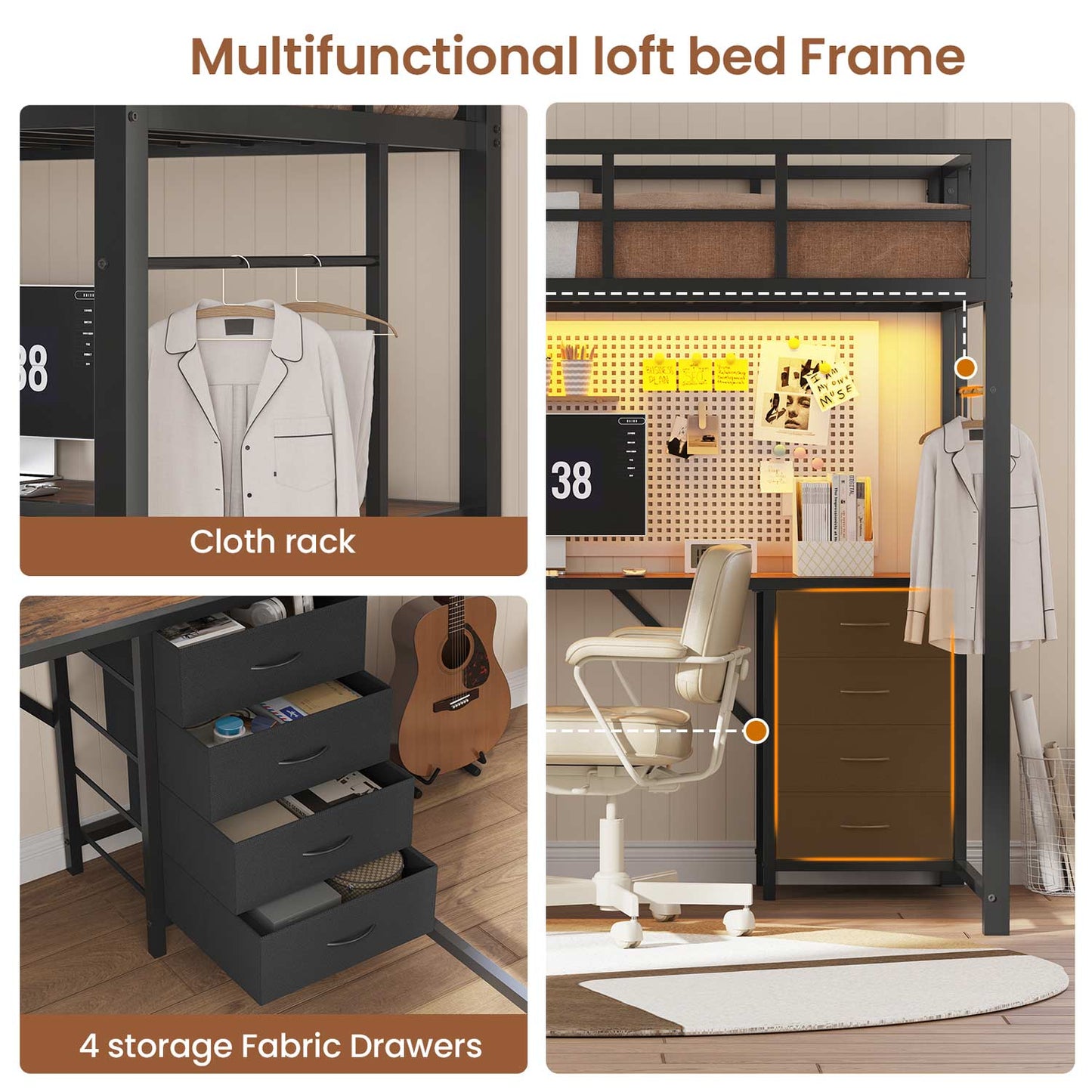 LED Loft Bed Frame Twin Size with L Shape Desk Black & Rustic Brown