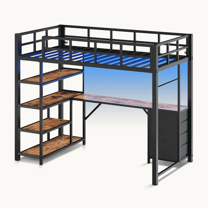 LED Loft Bed Frame Twin Size with L Shape Desk Black & Rustic Brown
