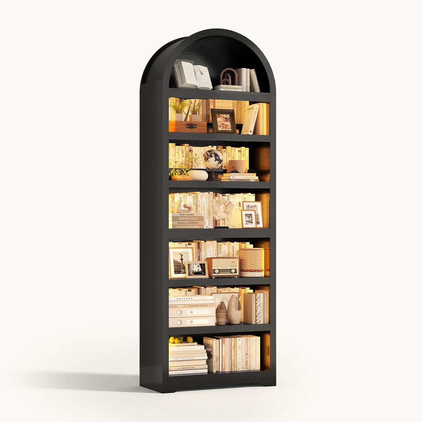 7-Tier LED Bookshelf with 2 Adjustable Shelves & Book Risers Black