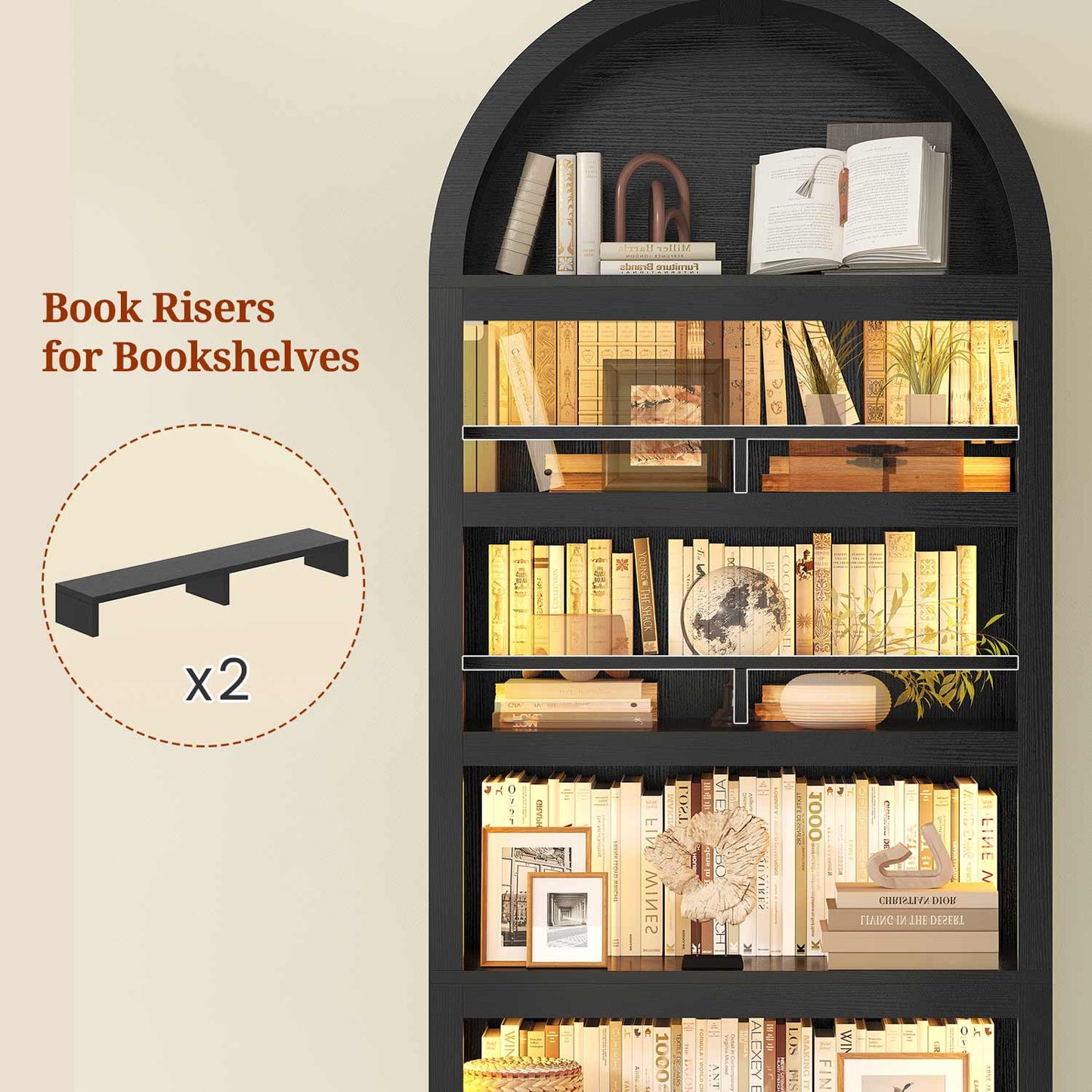 7-Tier LED Bookshelf with 2 Adjustable Shelves & Book Risers Black