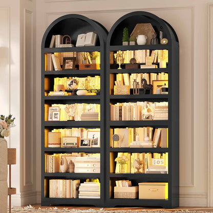 7-Tier LED Bookshelf with 2 Adjustable Shelves & Book Risers Black