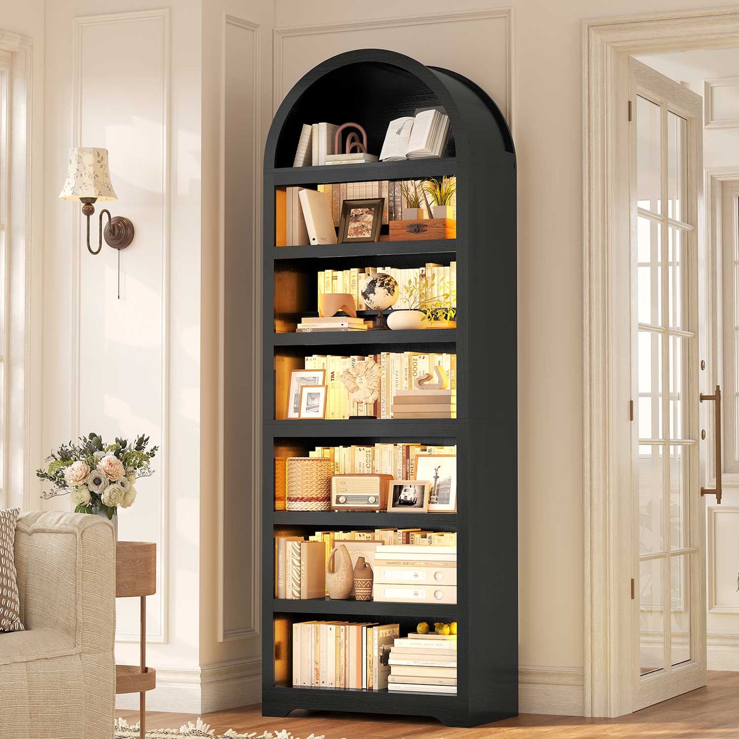 7-Tier LED Bookshelf with 2 Adjustable Shelves & Book Risers Black