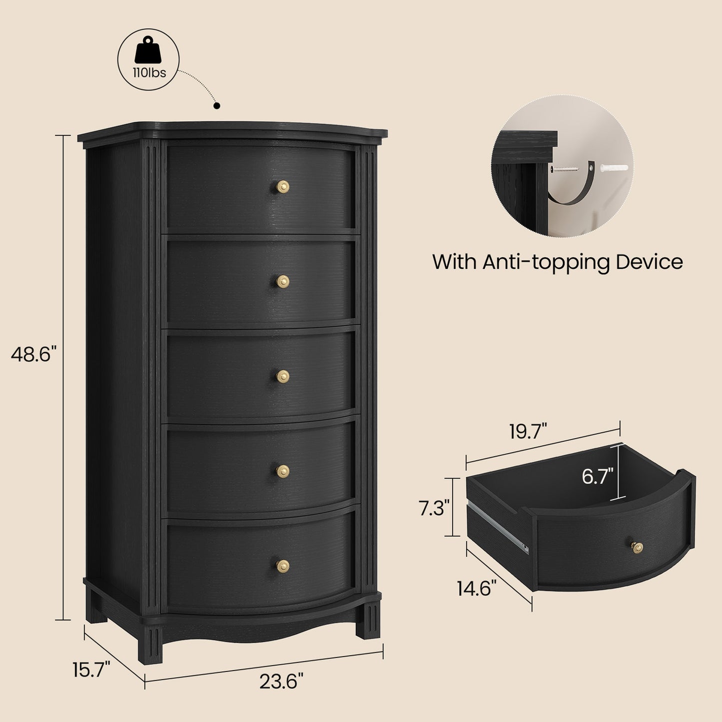 Tall 5-Drawer Dresser with Five Arc Fronts Black